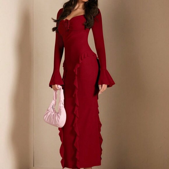 Red Elegant Women's Flounce Trim Long Sleeve Fitted Dress - Picture 6 of 8